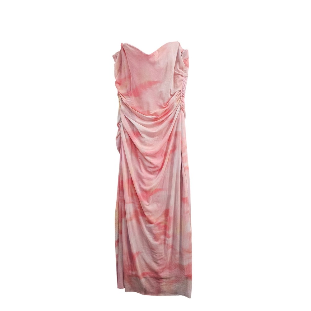 Zara Midi Dress Womens Large Pink Tie Dye Mesh Ruched Bodycon Strapless Sexy NEW